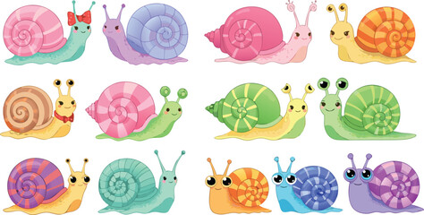 Cute colorful snail collection set with different shell patterns and characters, cartoon garden animals vector illustration for kids, nature and playful design projects © Bokul