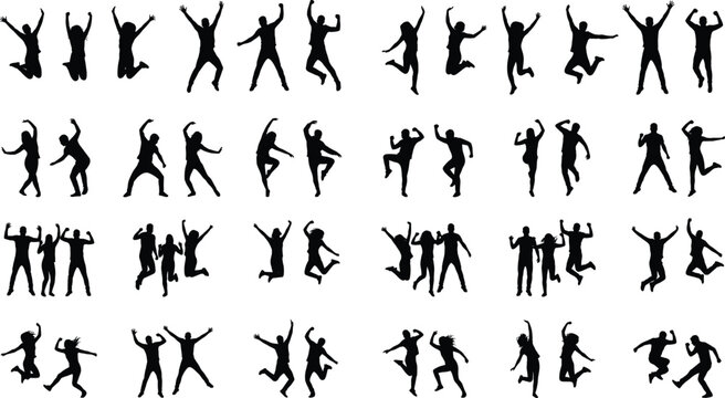 Silhouettes of people jumping and dancing in energetic poses symbolizing joy, freedom, and celebration concepts