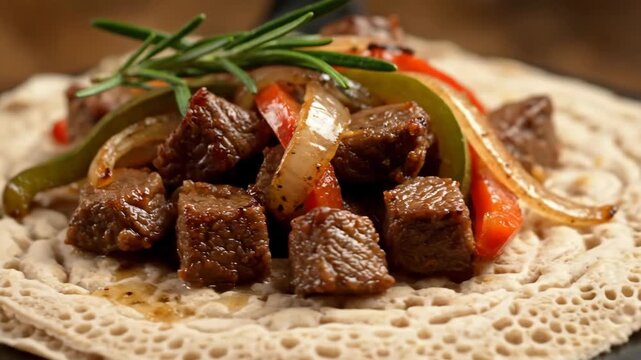 Close-up of Ethiopian or Eritrean Tibs (saut&eacute;ed beef or lamb stew) with peppers and onions, served on traditional spongy Injera flatbread, garnished with rosemary.
