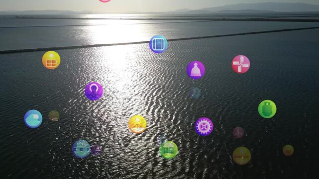 Colorful Service Icons Floating Above Ocean Surface With Sun Reflection, Playful Motion Of UI Elements,