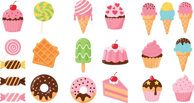 Cute dessert vector collection featuring hand drawn colorful cupcakes, donuts, ice cream cones, popsicles, lollipops, candy, and waffles for bakery and cafe menu designs