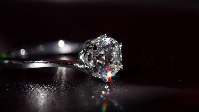 Dazzling Diamond Ring Appears in Soft Artistic Macro Shot. Featuring Clear Facets and Smooth Metal Curves. Refined Show of Luxury, Beauty and Craftsmanship With Mesmerizing Precision Close-up 4k