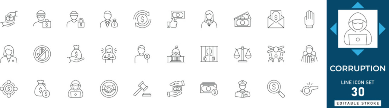 corruption line icon set featuring bribery, political, crime, dishonest, business, money, laundering, fraud, and injustice. professional editable vector illustration for law and ethics.
