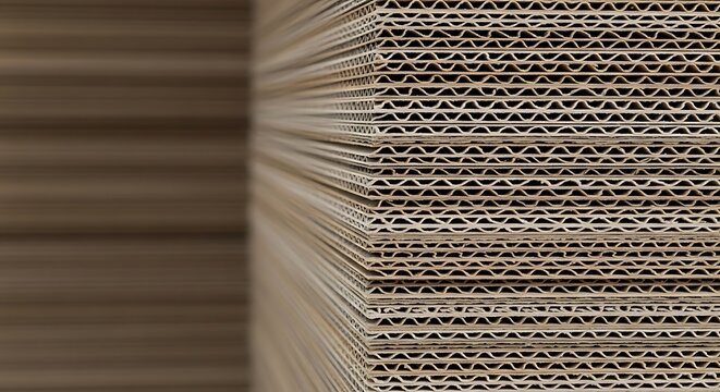 Close-up of stacked corrugated cardboard sheets, industrial packaging material background