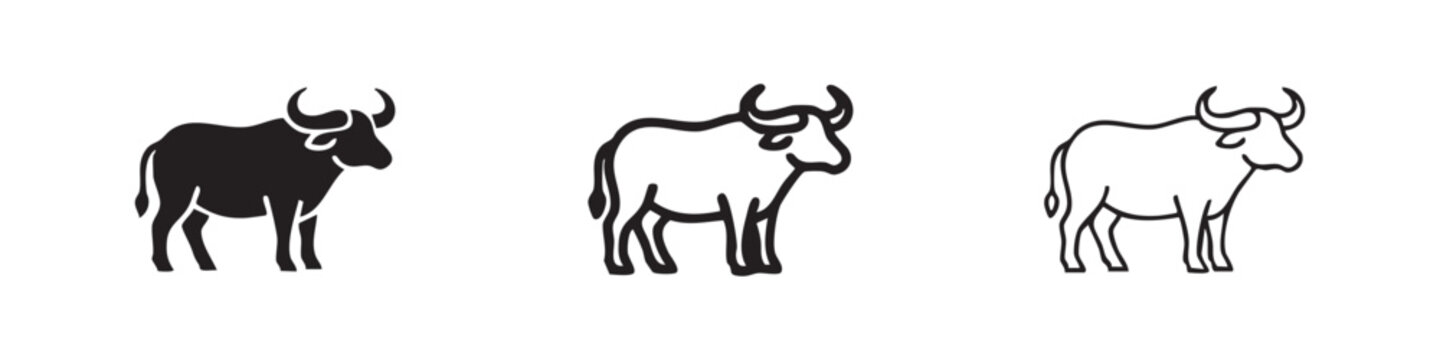 Water Buffalo Bull Icon Set in Solid and Outline Style