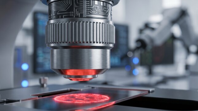 Precision laser cutting machine processing metal with red beam in industrial lab