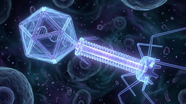 3d render of bacteriophage virus structure with geometric protein capsid and dna core