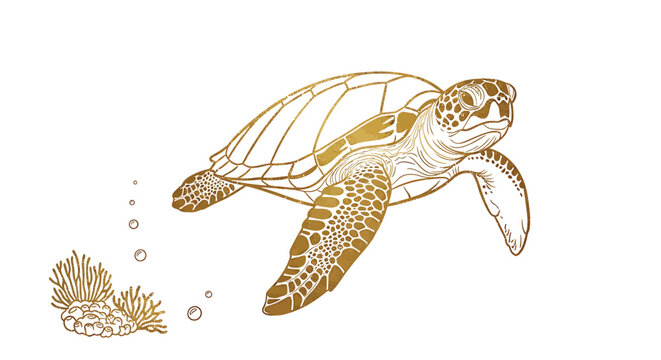 Golden sea turtle, ocean creature, coral reef illustration, vector graphics