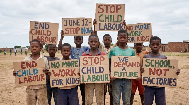 Children holding signs protesting child labor and advocating for education and a better future.
