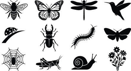 Insects and Nature Icons Vector Set Featuring Bees, Butterflies, Beetles, Snails, and Flowers for Botanical and Wildlife Designs © MSTSULTANA