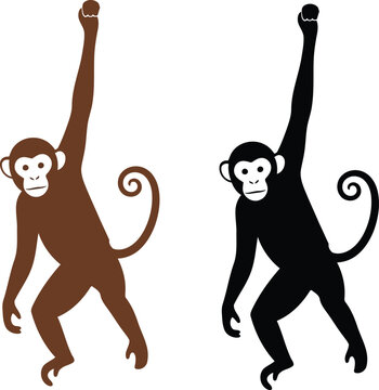 Brown and black monkeys standing with arms up 