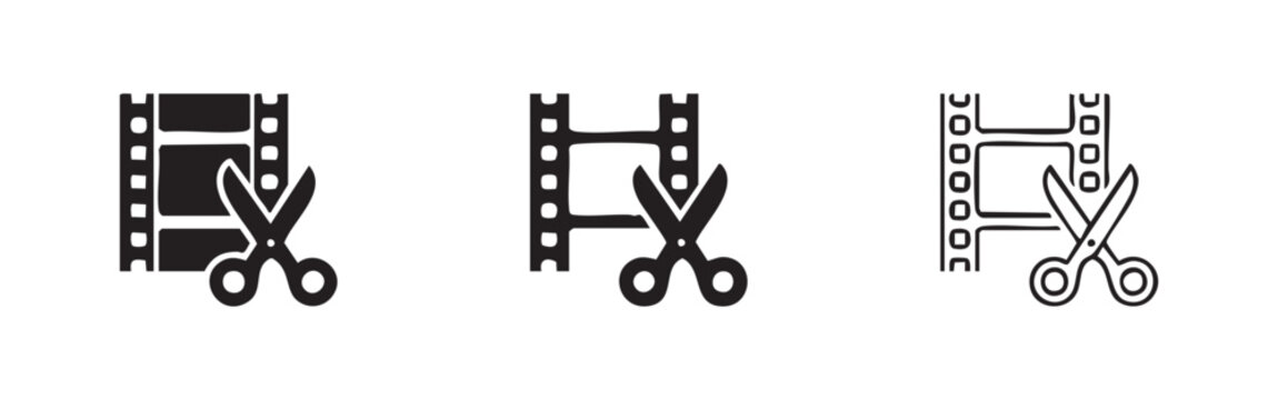 Film strip with scissors icons in different styles, symbolizing video editing, cinema, and production.