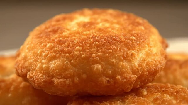 Macro Close-up of Crispy Golden Deep Fried Doughnut or Fritter Texture. Appetizing Detail of Freshly Cooked Bubbly Crust Surface.