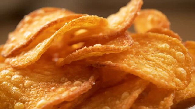 Close-up Macro Shot of Crispy Golden Deep-Fried Snacks or Pastel Chips, Featuring a Rich Textured Dough and Delicious Crunchy Crust