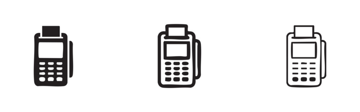 POS terminal or payment machine icon set, featuring solid, outline, and doodle styles.