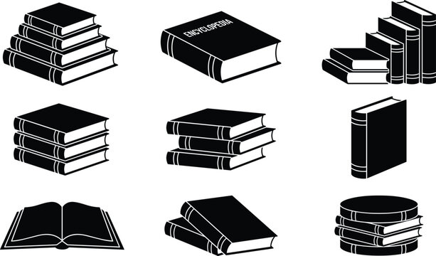 Books and Encyclopedias Vector Set Featuring Stacked Books, Open Books, and Knowledge Symbols for Education and Learning Designs