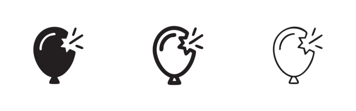 Popping balloon icon set, burst celebration symbol in glyph, outline, and line style