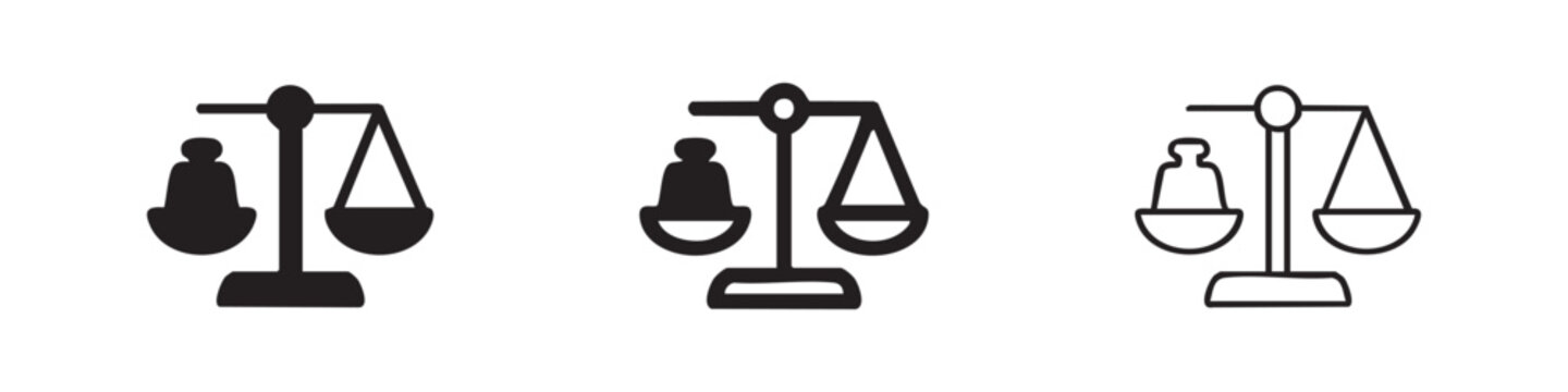 Scale of justice icon set, balance and equality symbol in glyph, outline, and line style