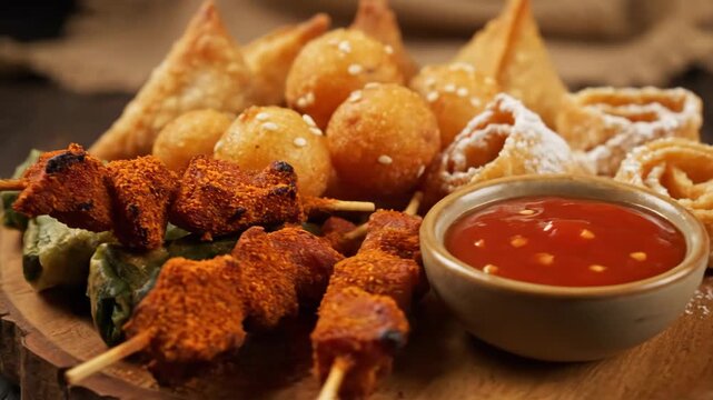 Closeup of Assorted Deep-Fried Asian Appetizers Platter including Crispy Samosas, Sesame Balls, and Dipping Sauce on a Rustic Wooden Board