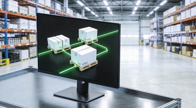 Automated Supply Chain Optimization Concept Showing Digital Flow of Goods on Computer Screen in Industrial Warehouse Environment, Logistics Technology Solutions