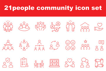 Obraz premium Communication and teamwork line icons set with people, collaboration, support and social interaction symbols isolated on white background for business and networking design concepts