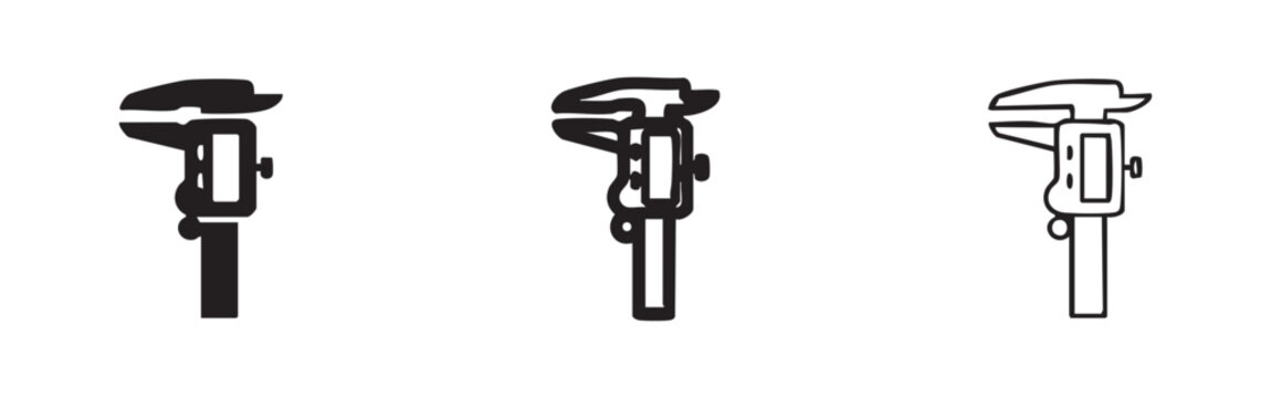 Digital vernier caliper measuring tool icon set in solid, outline, and line styles