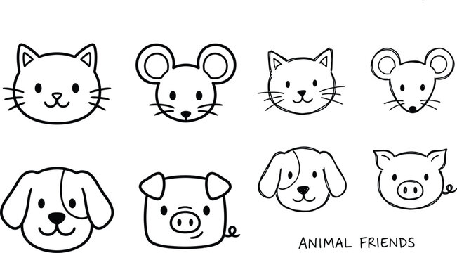 Cute hand drawn animal face icons set including cat mouse dog and pig heads