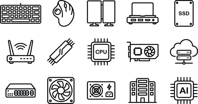 Computer Hardware Vector Set Featuring Keyboards, CPU, SSD, GPU, and Networking Devices for Tech and IT Designs