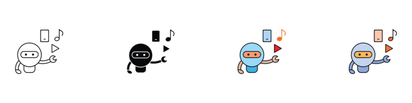 AI robot music and video content creator icon set. Vector illustration of artificial intelligence bot managing digital media and streaming files in outline and flat styles.