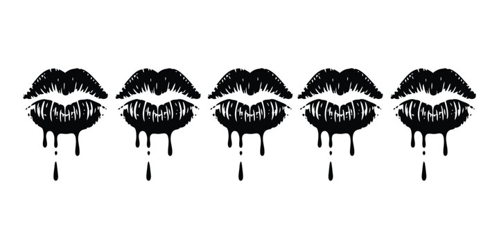 Black dripping lips repeated in a row on a white background black lips