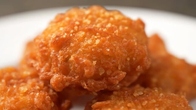 Extreme Close-up Macro Shot of Crispy Deep-Fried Savory Appetizer with Visible Seasoning Granules, Showing Golden Orange Texture Detail and Oiliness.