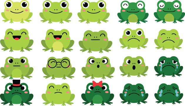 Cute frog emoji vector collection featuring hand drawn kawaii characters with various facial expressions including happy, sad, crying, and surprised for nursery decor and stickers