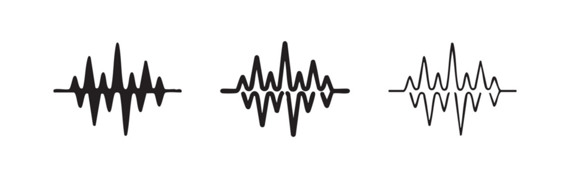 Sound wave icon set, audio spectrum or equalizer symbol in solid, outline, and line art styles.