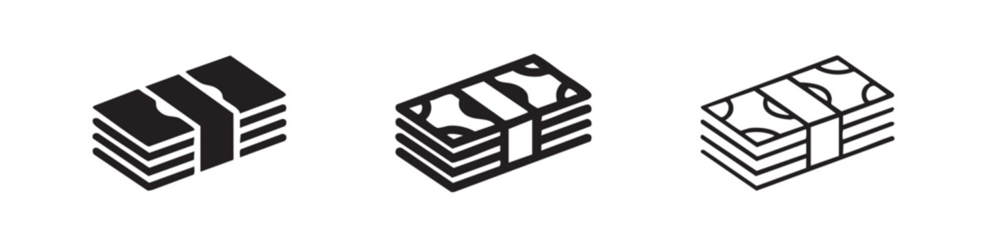 Stack of money or cash icon set in solid, outline, and hand-drawn styles, representing finance and wealth.