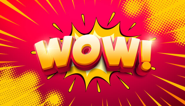 A vibrant comic book style illustration with a large WOW exclamation mark in yellow and red background