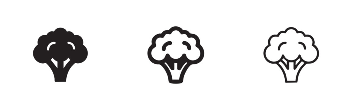 Fresh broccoli vegetable icon set, black filled, line art, and thin line styles.