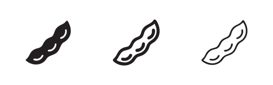 Green bean or soybean pod icon set, healthy vegetable symbol in solid, outline, and hand-drawn styles