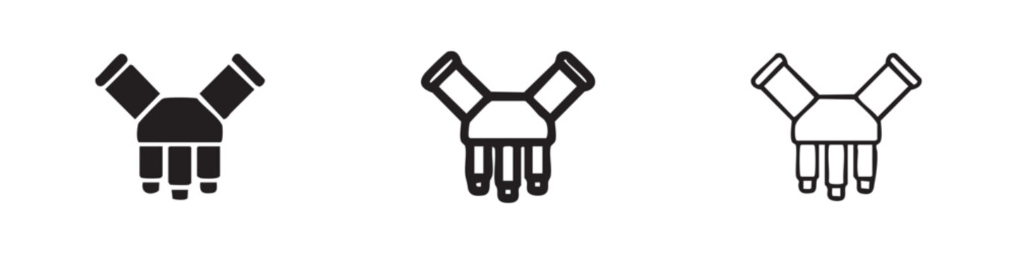 Three-way pipe fitting or connector icon set, industrial plumbing symbol in various styles
