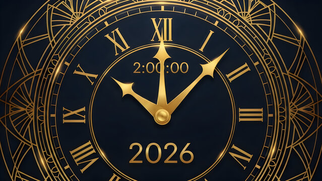 Luxurious gold clock face with roman numerals showing midnight on 2026