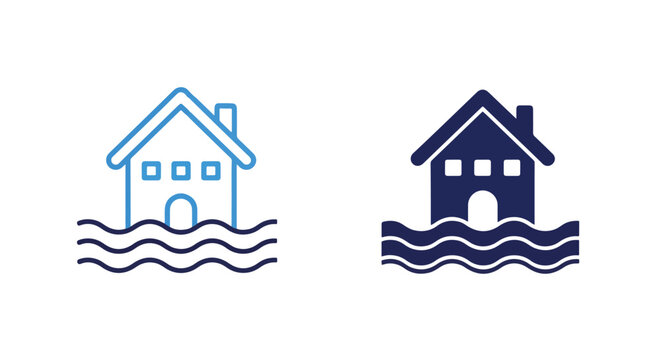 House building flood water damage icon set - Minimalist, flat icon, outline, glyph, linear, clipart, sticker - icon set