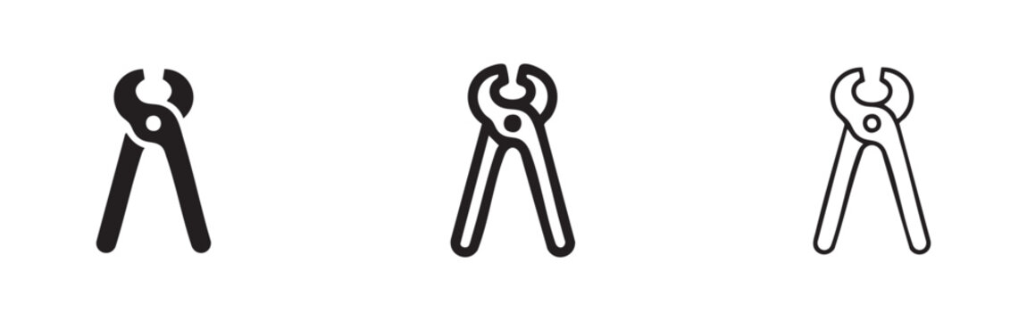 Set of wire cutting pliers icons: solid, outlined filled, and outline