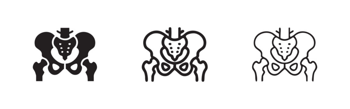 Set of pelvis icons: solid, outlined filled, and outline