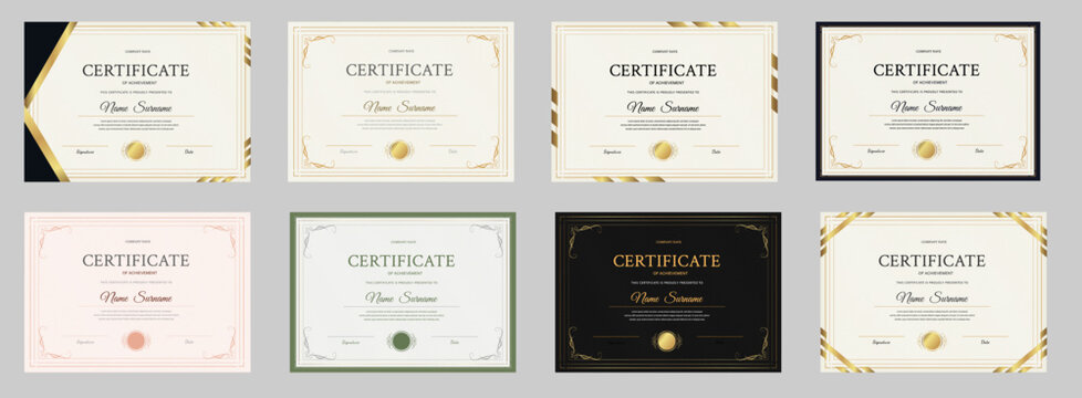 Certificate of achievement template set with various elegant borders and gold seals. Professional landscape orientation for awards, diplomas, and recognition documents. Elegant vector graphic.