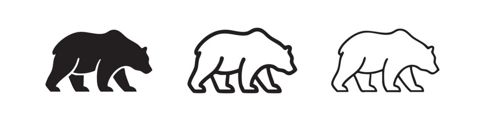 Fototapeta premium Bear icons set, silhouette, outline, and line art