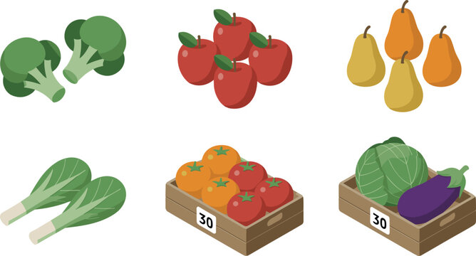Isometric fresh produce illustration collection featuring broccoli, apples, pears, cabbage, tomatoes, and organic vegetables in market crates