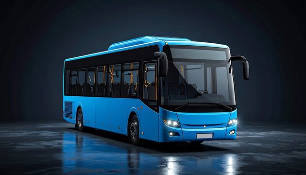 A blue bus with a large windshield on a dark background