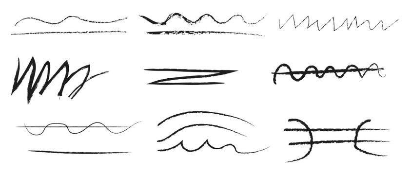 Vector horizontal chalk lines, Sketch grunge charcoal, texture rough scratching pencil chalk line, Hand drawn underline line bundle kit featuring chalk pencil, 