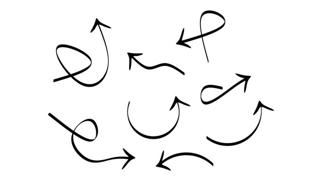 Set of curved arrows pointing various directions in black and white collection