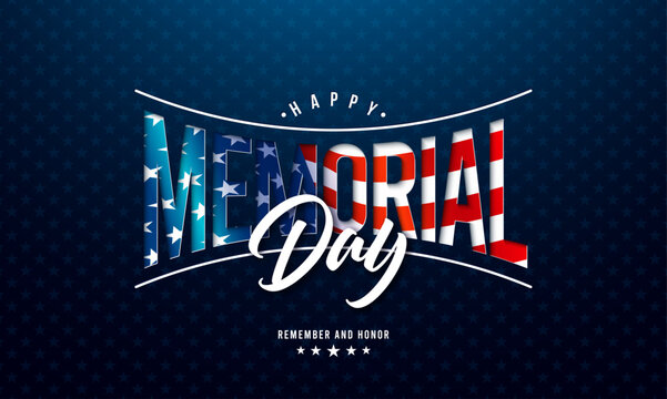 A patriotic Memorial Day typography design with American flag pattern and stars on a dark blue background