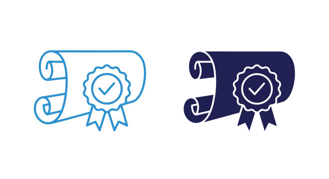 Certificate scroll with approved seal - Line and glyph solid icon and logo template - Clipart, sticker - icon set